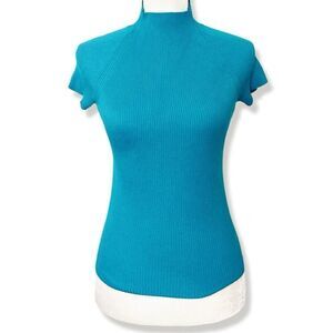 New York & Company Women's Blue Short Sleeve Mock Neck Ribbed Knit Pullover
